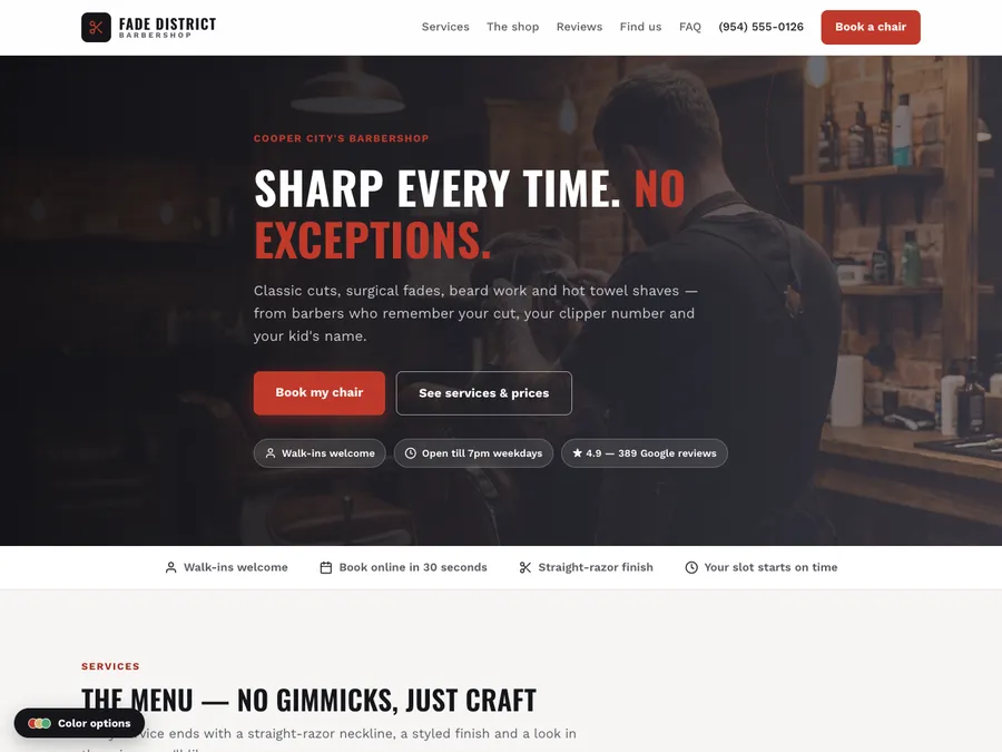 Fade District demo website — layout for barbershops