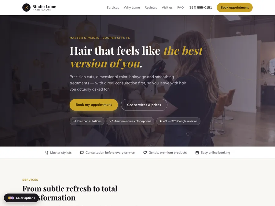 Studio Lume demo website — layout for hair salons
