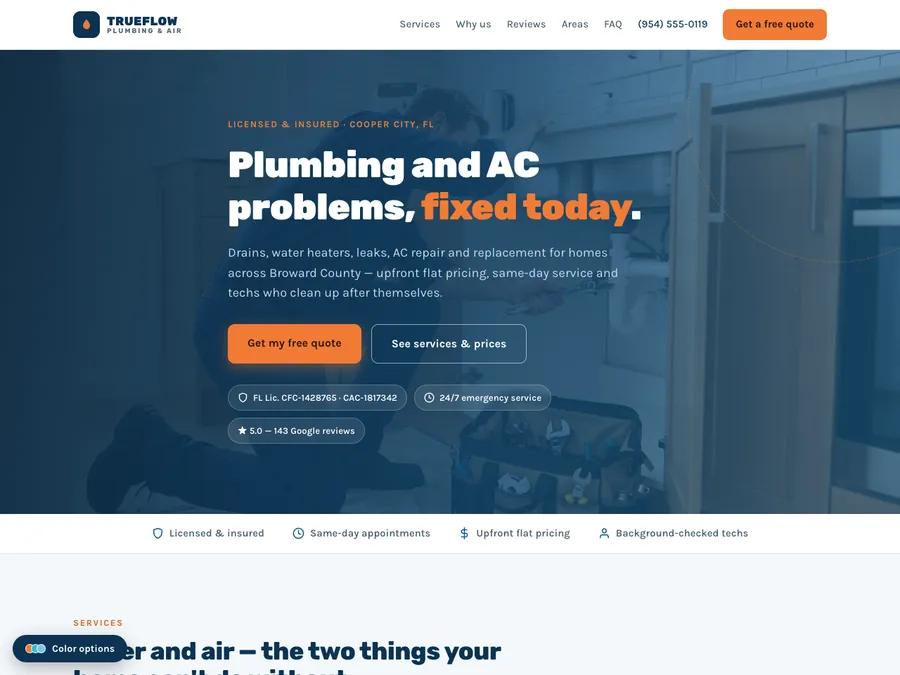 TrueFlow Plumbing & Air demo website — layout for plumbing and HVAC companies